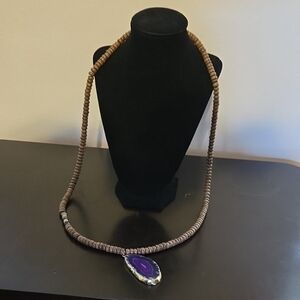 Purple Agate Pendant Necklace with Wooden Beads